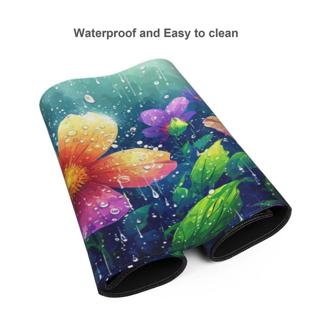 Alfombrilla de ratón 1400x600x3 MM, Alfombrilla Ratón XXL Extendida de Gran Tamaño con Bordes Cosidos, Base de Goma Antideslizante Almohadilla para Teclado, Flores después de la lluvia S-12233