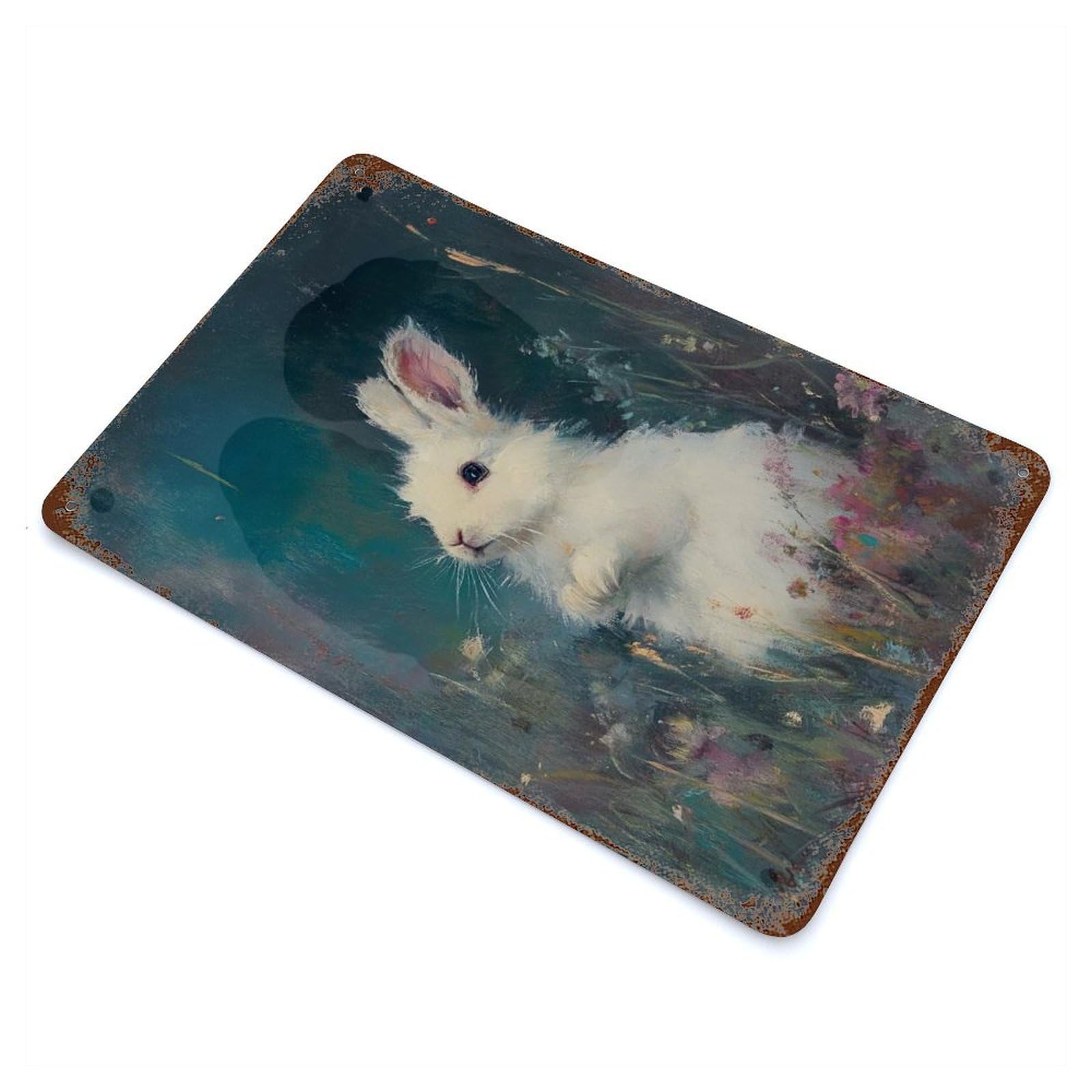 Cute White Rabbit Rusty Metal Tin Sign 11.8"x7.9", Rustic Home Decor for Living Room, Hallway And Home Decor
