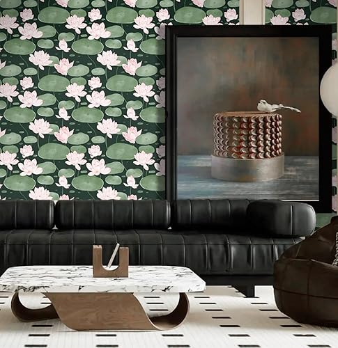 Miniatura 2 de Yasinet Papel tapiz floral vintage para despegar y pegar, papel de contacto de flor de loto verde oscuro, papel de contacto extraíble, 16.1 x 196.8
