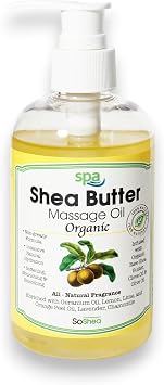 SoShea - Shea Butter Infused Massage Oil for Spa Quality Skin Therapy | 100% Natural Ingredients | Non-Greasy Formula, Geranium & Lemon Essential Oils for Deep Hydration & Smooth Skin | 8 fl oz
