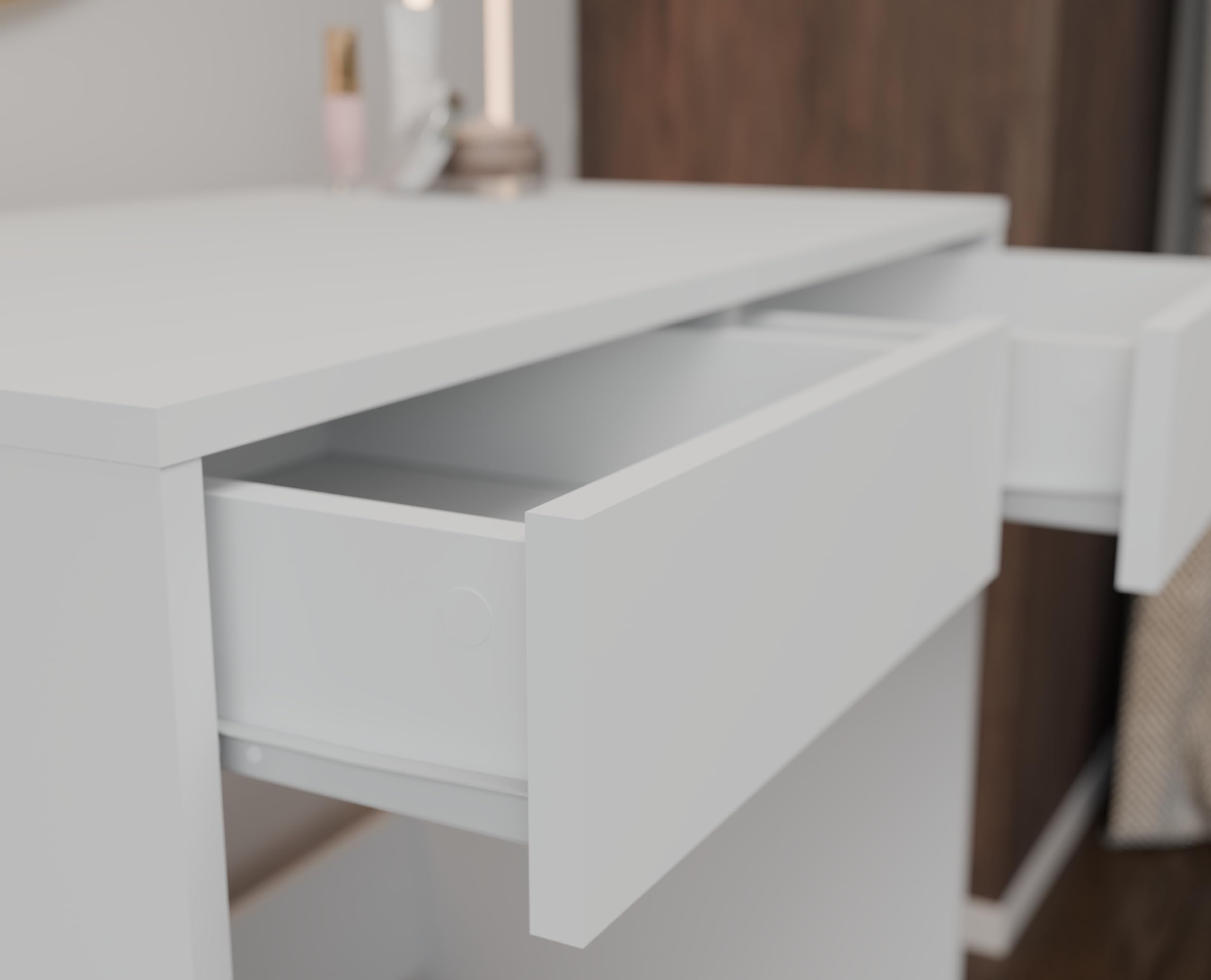 Scrivania Moderna Salvaspazio 81x80x50 cm, Scrittoio con 2 Cassetti per Cameretta e Studio, Tavolo PC Piccolo e Compatto, Superficie Antigraffio, Design Elegante, Bianco Opaco o Beige SCT13 (Bianco)