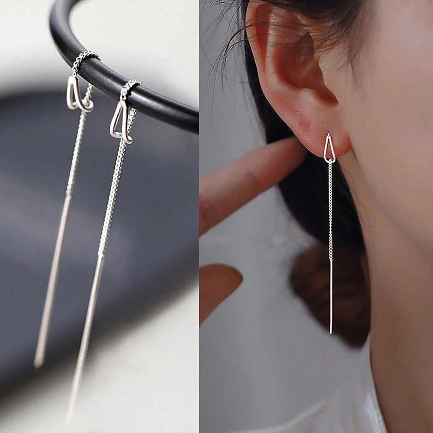 Boho Wedding Tiny Teardrop Threader Earrings Silver Hollow Small Pear Pull Through Earrings Thread Dainty Long Chain Tassel Dangle Stud Simple Cute Line Bar Chain Drop Delicate Minimalist for Women - Image 2