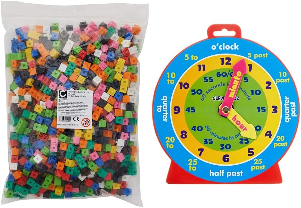 EDX Education 53909 Interlocking Cube, Set of 1000 x 1 cm cubes & Premier Stationery Clever Kidz Magnetic Clever Clock as Mentioned H2754992