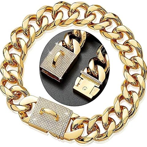 GZGLZDQ 316L Stainless Steel Dog Collar, Heavy Duty Cuban Metal Link Chain with Diamond Buckle, Suitable for Small, Medium and Large Dogs (Color : Gold, Size : 18inch/46cm) Cover