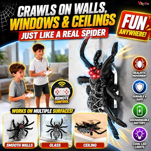 Image of VikriDA Wall Climbing Spider RC Toy with Remote Control, Rechargeable Creepy Crawler Climbs Walls & Ceilings, Glowing Eyes Prank Toy for Kids Boys Girls Birthday Gift (Multicolor)