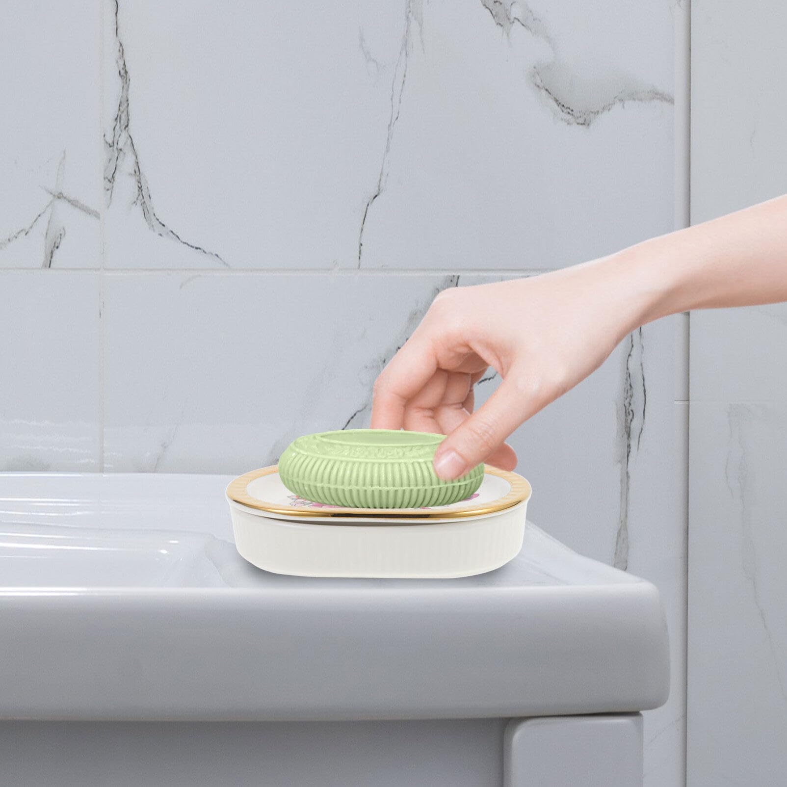 Jabonera de Cerámica Impresa de Doble Capa Drenaje | Baño y Lavabo, Estilo Sencillo, Diseño de Dos Niveles, Acabado Decorativo