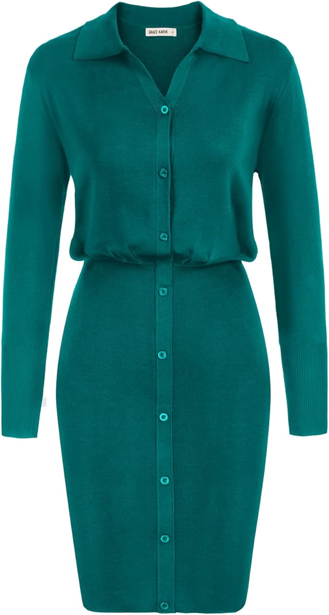 GRACE KARIN Women V-Neck Daily Sweater Dress Long Sleeve Elastic Work Bodycon Knit Dress