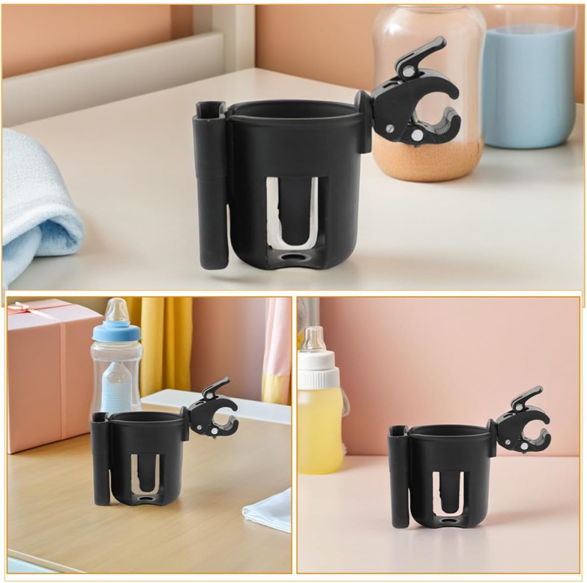 2pcs Stroller Cup Holder with Phone Holder for Parents, Portable Black Pushchair Drink and Milk Bottle Rack Organizer Compatible with Walkers and Mobility Scooters