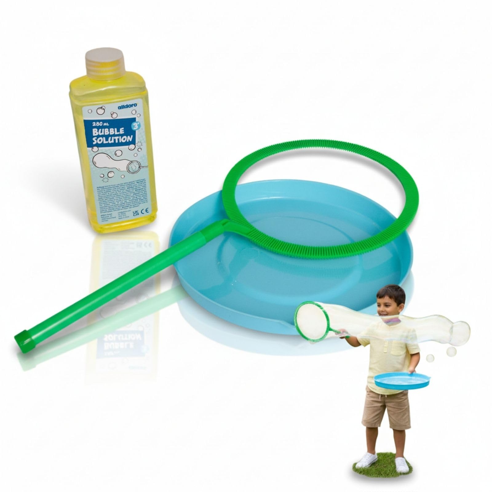 alldoro 60636 Bubble Fun Giant Bubble Ring Diameter 21 cm with 250 ml Soap Suds XXL Ring Rod Set with Plate and Bubble Water for Jumbo Bubbles Children from 3 Years and Adults Green