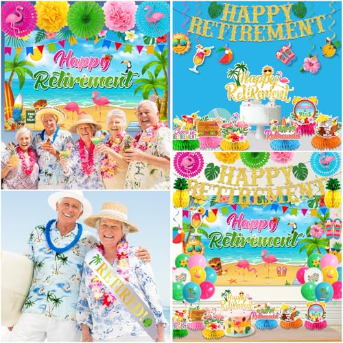 Image of Beach Retirement Party Decorations, Aloha Party Decorations includes Happy Retirement Banner Hawaiian Backdrop and Hanging Swirls Honeycomb Centerpieces, for Aloha Decor