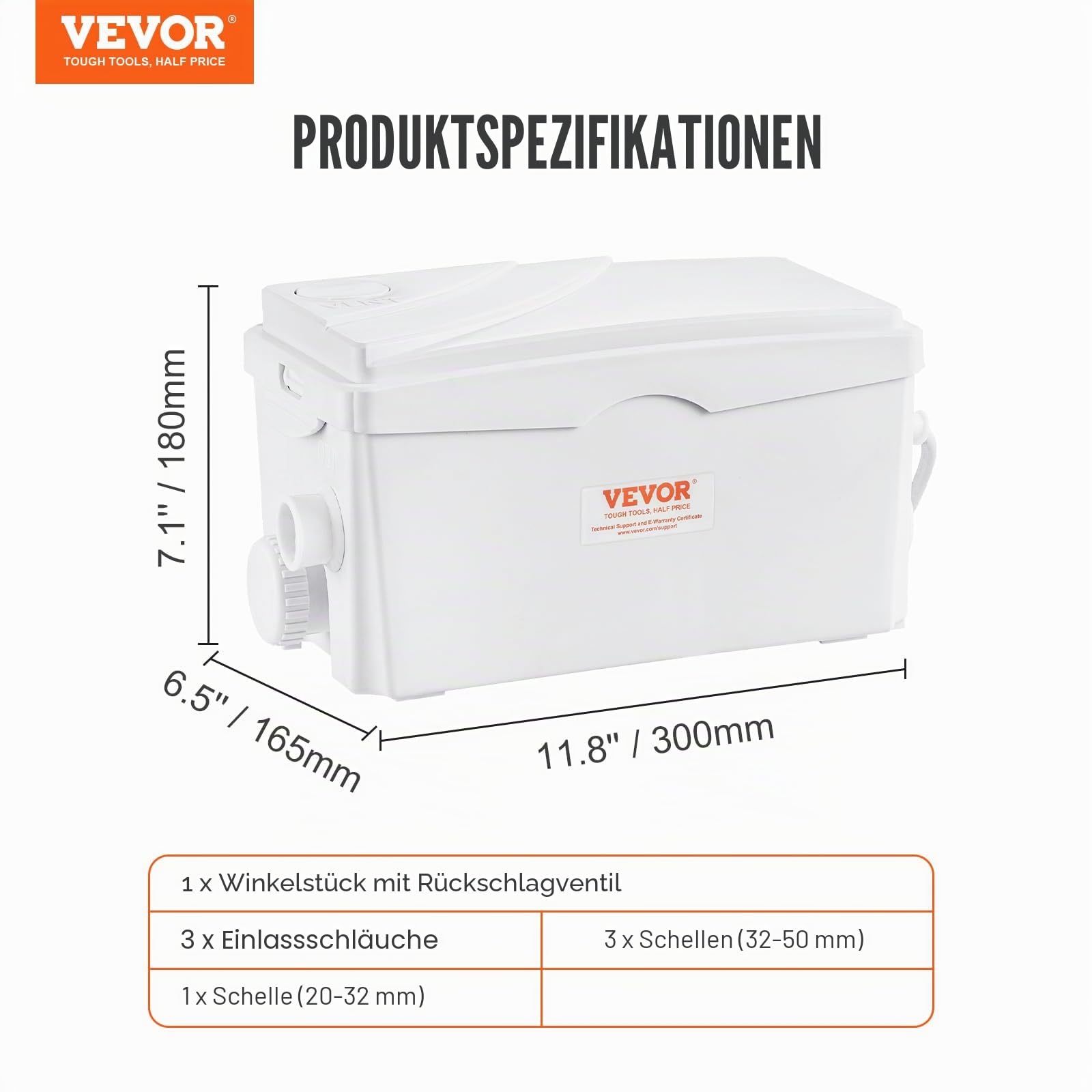 VEVOR Hebeanlage, 350 W, 6000 l/h Durchfluss, 7 m Förderhöhe, Abwasserpumpe mit 3 Wassereinlässen für Keller, Küche, Spüle, Dusche, Badewanne, Wäscheabwasserentsorgung, Aufspülmaschine