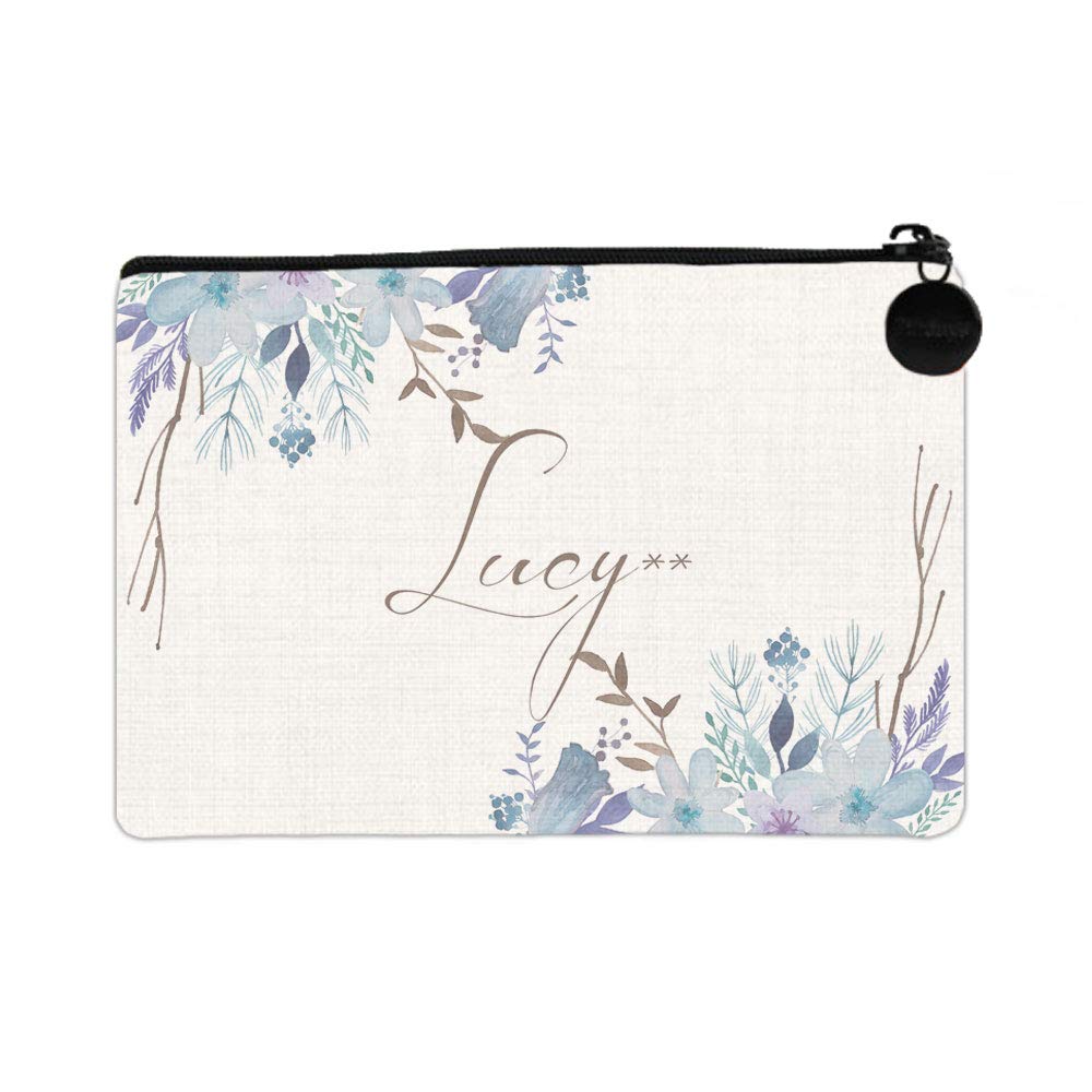 Bleu ReignBRGiftShop Personalized Custom Name Beautiful Watercolor Hand Paint Painted Blue Purple Flowers Small Linen Coin Purse Bag with Zipper