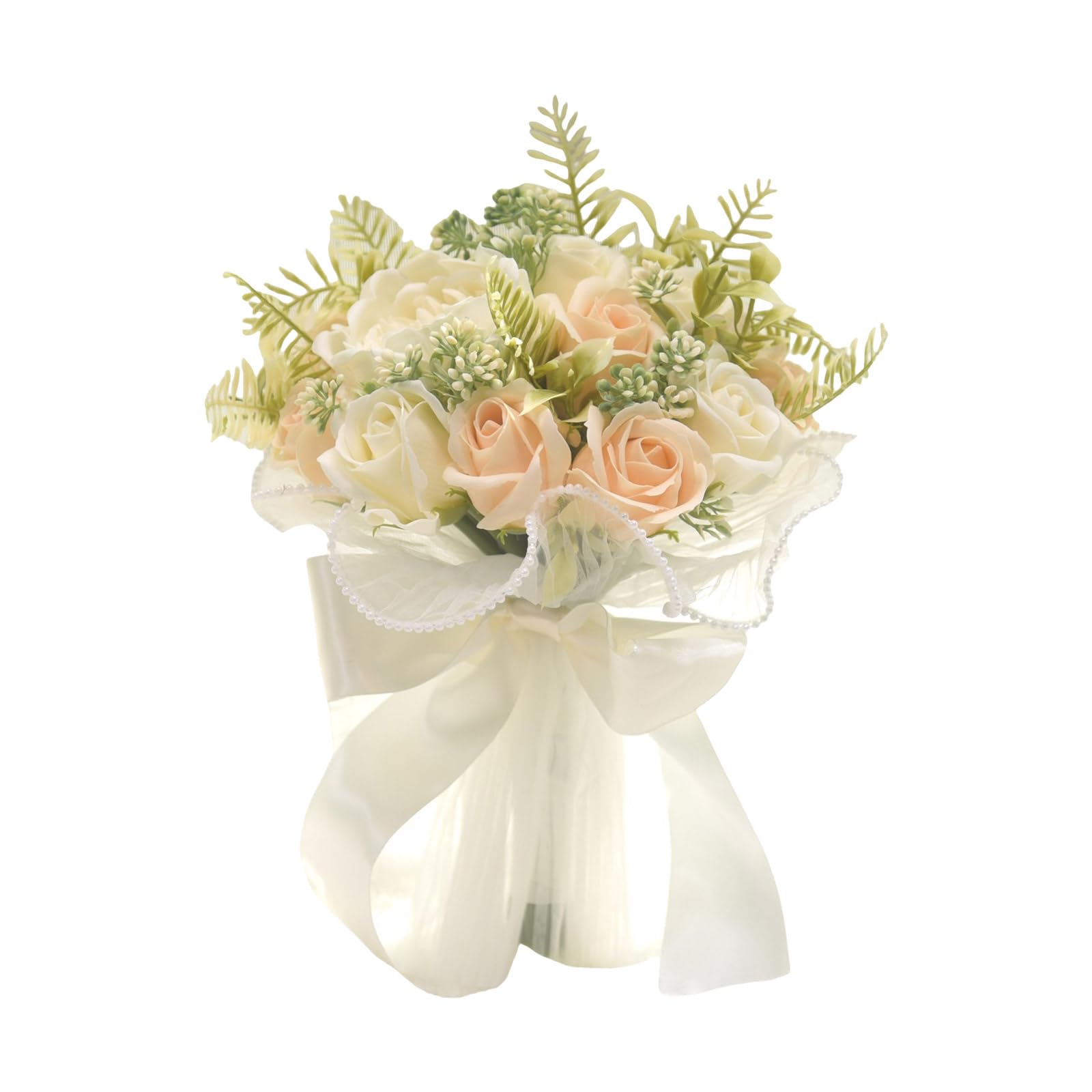 Nucelit Artificial Wedding Bouquet White Champagne Roses Peony for Bride Bridesmaid Perfectly for Ceremonies Unique Wedding Gift