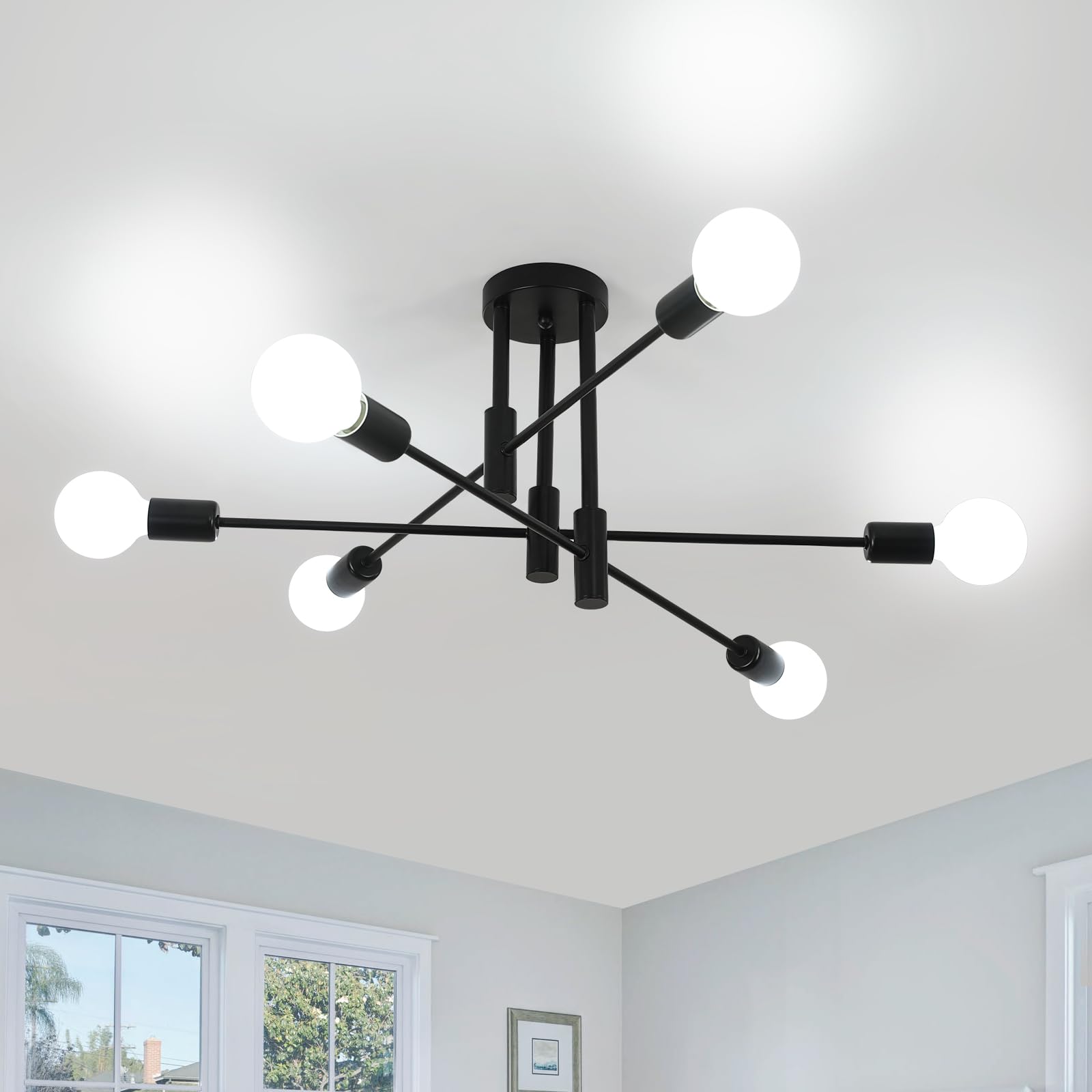 Comely Lampadario Sputnik Nero, 6 Luci Plafoniera Soffitto E27, Lampada da Soffitto in Ferro Vintage per Camera da Letto Sala da Pranzo Cucina, Angolo Regolabile