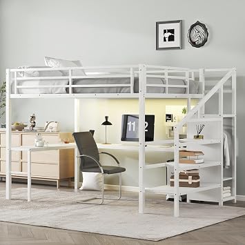 Twin XL Loft Bed with L-Shaped Desk & Wardrobe - Built-in USB Ports, LED Lighting, Storage Stairs Off White + Metal + Queen