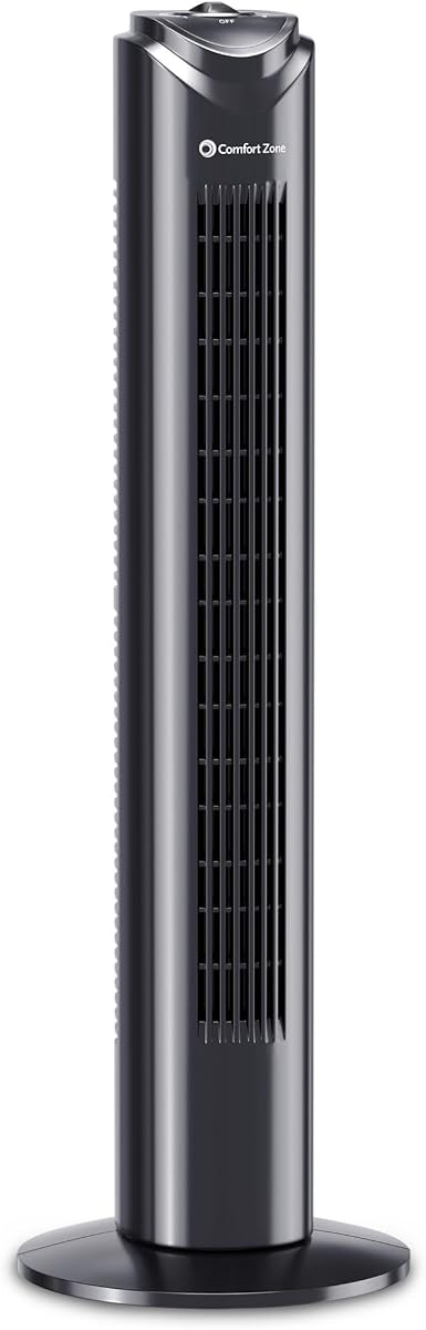Comfort Zone 32-Inch Oscillating Tower Fan – Ultra-Slim Bladeless Design with 3 Speeds, 90° Wide Oscillation & Built-in Carry Handle – Quiet Portable Standing Fan for Bedroom, Home, or Office, Black