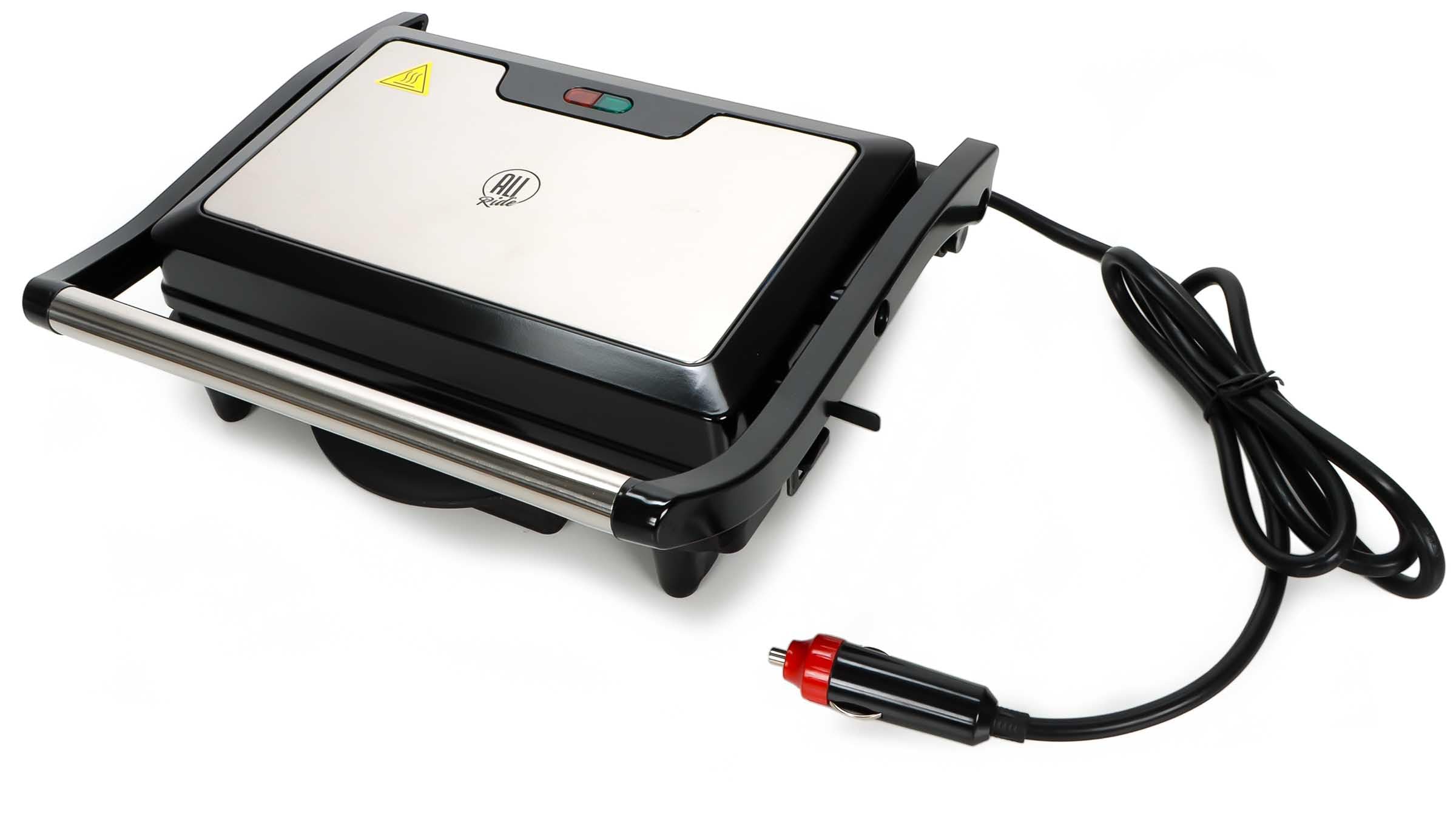 12V Kontaktgrill für LKW, Auto & Wohnmobil – 120W Elektrogrill mit LED-Kontrollleuchten, Tropfschale, Sicherheitsverschluss & rutschfesten Füßen – Ideal für Sandwiches, Fleisch, Gemüse & Hamburger