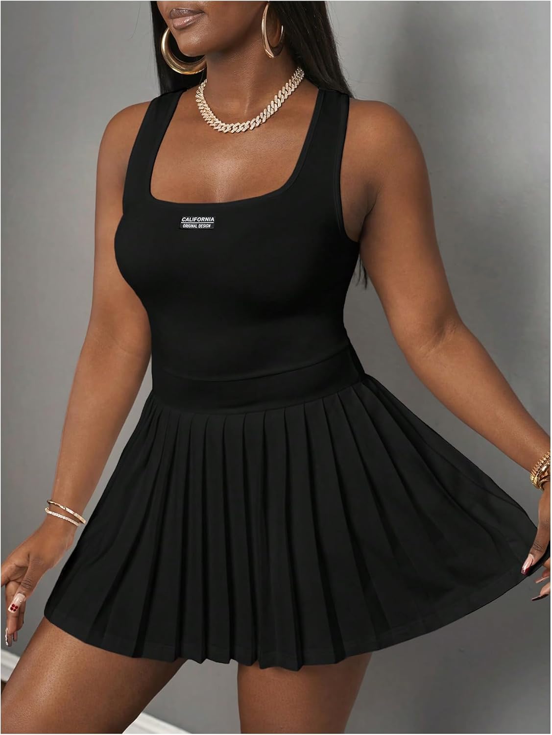 Women's Plus Size Pleated A Line Mini Dresses Letter Square Neck Sleeveless Tennis Tank Dress - Image 3