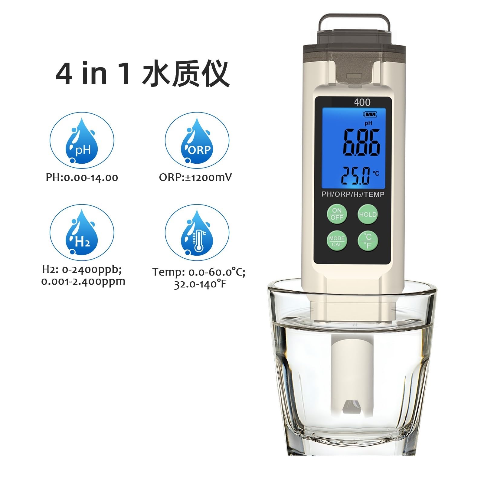 Tester Digitale della qualità dell'Acqua 4 in 1 PH ORP H2 Misuratore di Temperatura Retroilluminazione