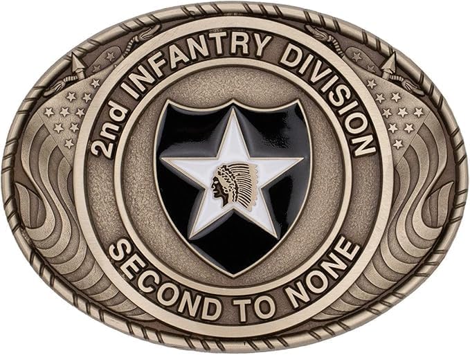 Indiana Metal Craft US Army 2nd Infantry Division Double USA Flag Solid Brass Buckle with Belt, MADE IN USA (Buckle with Belt)