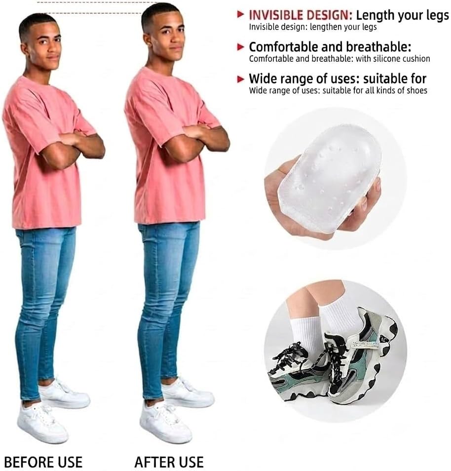 Height Increase Insoles 1.4 Inch Invisible Heightening Socks, Breathable Hollow SEBS Gel Heel Cups, Soft Shock Absorbing Heel Pads for Boots Sneakers Men Women, White