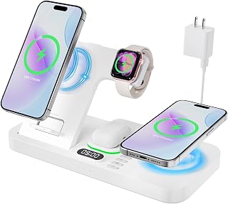 Dual Phone Magnetic Wireless Charging Station for Apple Devices/Apple Ecosystem,with Auto-Switch 7-Color Light & Clock, Compatible with iPhone 17/16/15, for iWatch 11/10/9 & AirPods Pro3（Cream