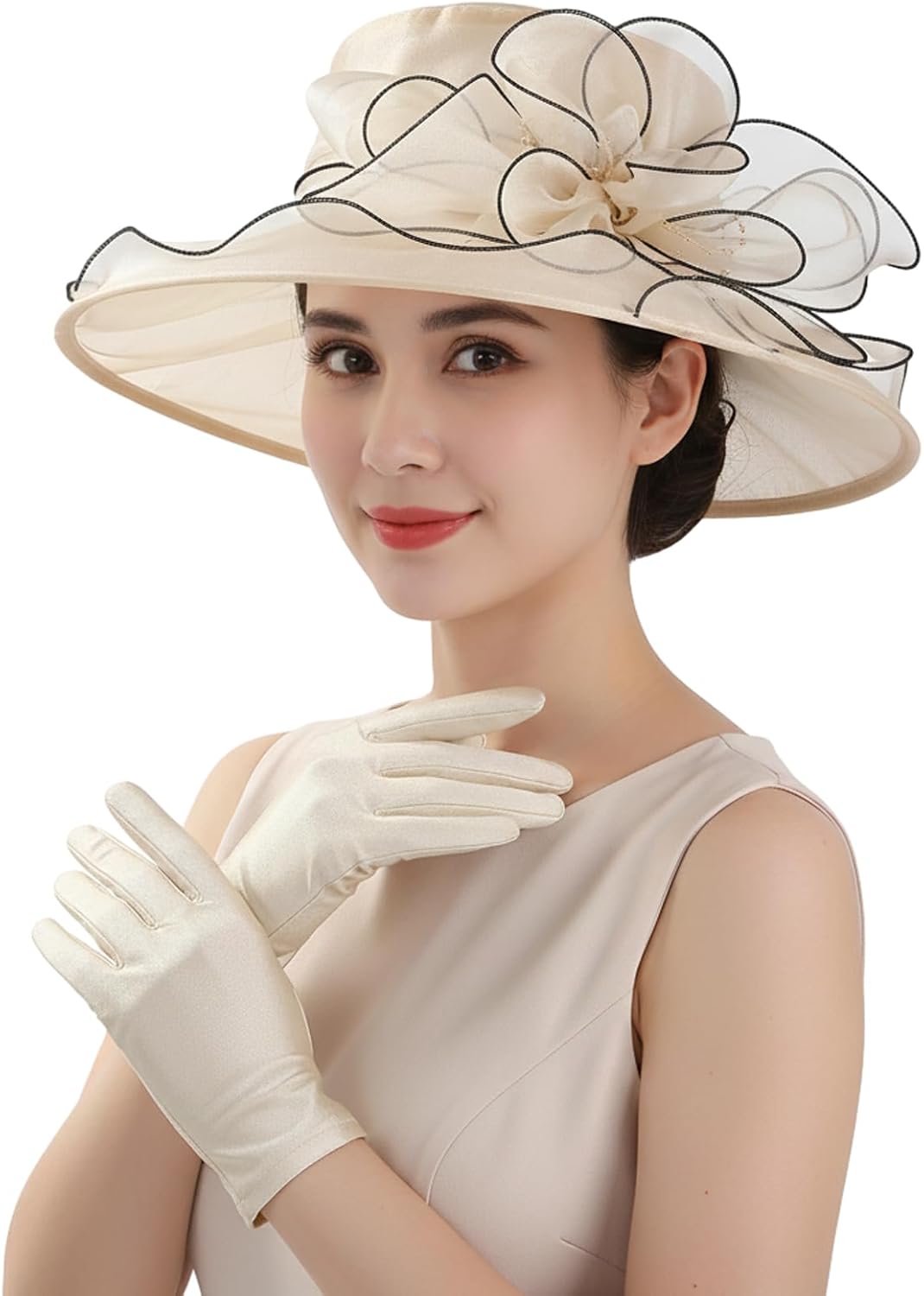 Women Organza Derby Hat with Gloves, Wide Brim Church Tea Party Fascinator Hats for Funeral Wedding Bridal Shower