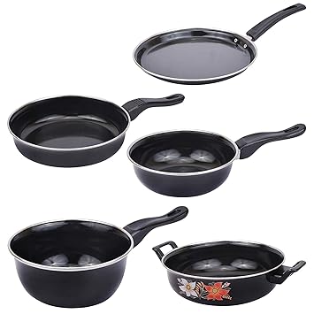 Ratehalf Heavy Kitchen Choice 5-Pieces Combo Set,-Souce pan .tawa, Kadhai, Fry pan & Tadka pan (5 pcs cookware Set, Black