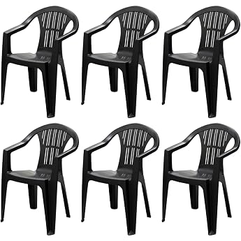 Tomaino - Plastic Garden Chair Set of 6 Outdoor Resin Chairs with Armrests Stackable - Camping Bar (6, Black)