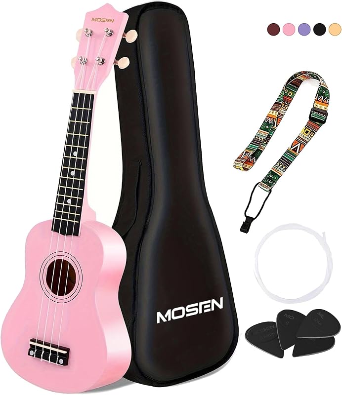 MOSEN 21 Inch Soprano Beginner Ukulele Starter Kit for Students and Adults | Professional All-In-One Ukulele Kit Including Straps, Spare Strings and Picks, Great Musical Gift Choice for Beginners, Pink
