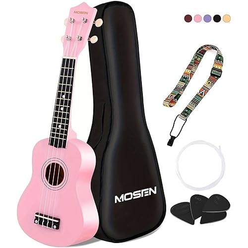 MOSEN Ukulele for Beginners 21 Inch All in One Kit Beginner Professional Ukulele Including Straps, Strings, and Paddles (Pink)