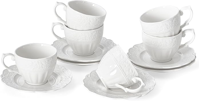 6 oz White Cappuccino Mug - Bone China Floral Ceramic Coffee Cup with Saucer - Microwave and Dishwasher Safe, Perfect For Tea, Espresso, Latte - Elegant Set for Kitchen or Cafe, Baristas, Great Gift