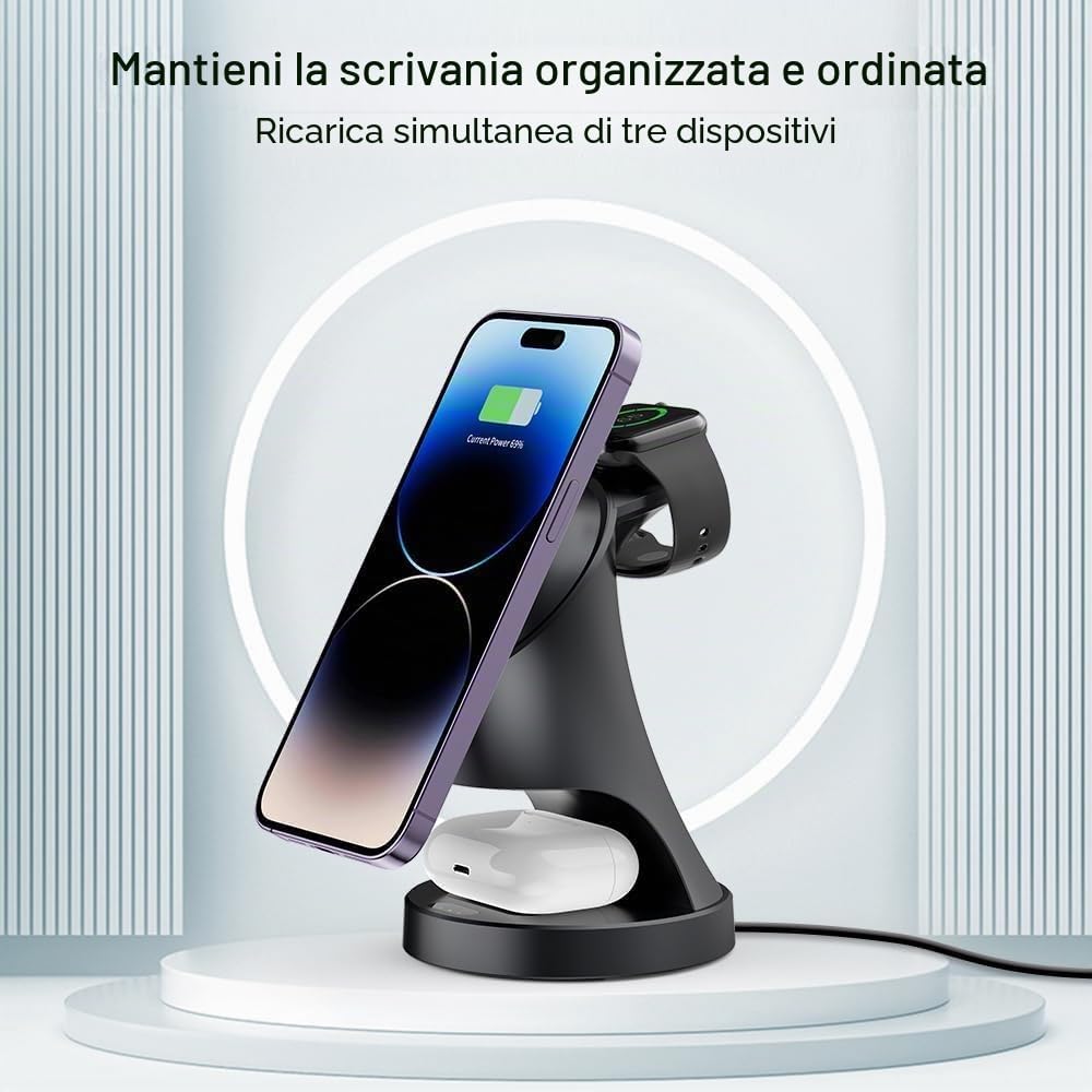 Stazione di ricarica per Apple Watch e iPhone, stazione di ricarica induttiva 3 in 1 con caricatore Magsafe Wireless Charger compatibile con iPhone 17 16 15 14 13 12 Air/Pro Max, per Apple Watch e