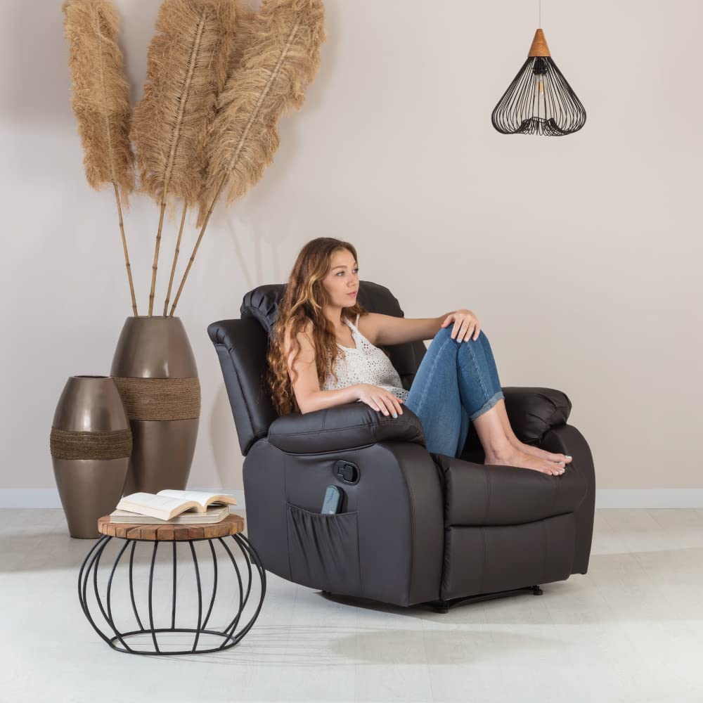 Don Descanso - Sillón Masaje Relax Calor Trevi Choco Reclinable 160º con 8 Motores Silenciosos, Calor Lumbar, Sist. Masaje 4 Zonas y Acabado en PU Anti-Cuarteo [Incluye Mando]. Ideal Gente Mayor