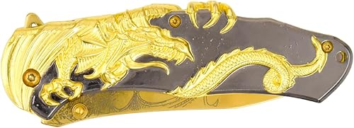 Miniatura 7 de Masters Collection -Cuchillo plegable abierto asistido por resorte - Hoja de acero inoxidable recubierta de TiNite dorada con dragón grabado, mango