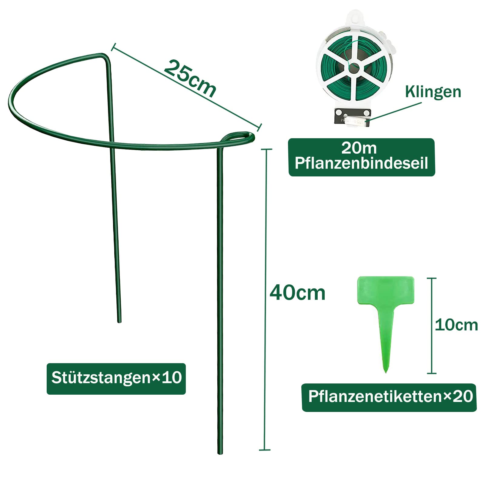 10Stück pflanzenstütze, ASSUGO staudenhalter rund aus beschichtetem Stahl, Metall Garden Halbrund Stützring käfighalter Rankhilfe Klettergitter für Pflanzenanbau Grenzstütze(25 * 40cm)