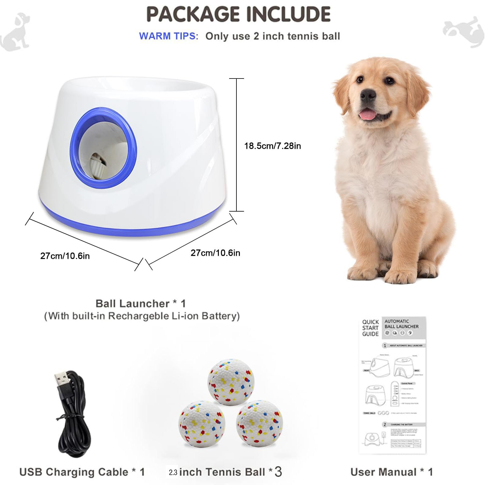 Lanzador automático de bolas para perros para interiores y exteriores, lanzador de bolas de perro, ajustes de distancia ajustable, batería recargable, juguete interactivo inteligente para