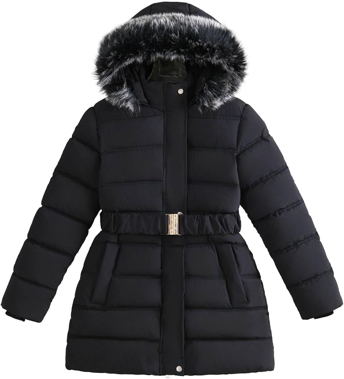 Girls' Lightweight Jacket Thicken Thermal Warm Hooded Winter Outerwear Zipper Long Pockets Down Coats for Cold