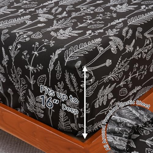 Image of 100% Natural Cotton Percale Sheets Set,Full Size 4 PC, Breathable&Durable Hotel Quality Bedding, 16 inch Deep Pocket Botanical Floral Bedsheets,Black
