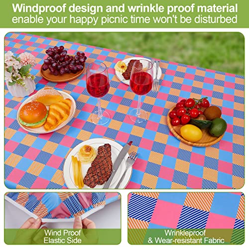 Picnic Table Cover With Bench Covers 3 Pcs Waterproof Windproof Camping Tablecloth With Drawstring Bag, Fitted Rectangle Tables And Seats, 72In, Yellow Pink Blue #TOP2