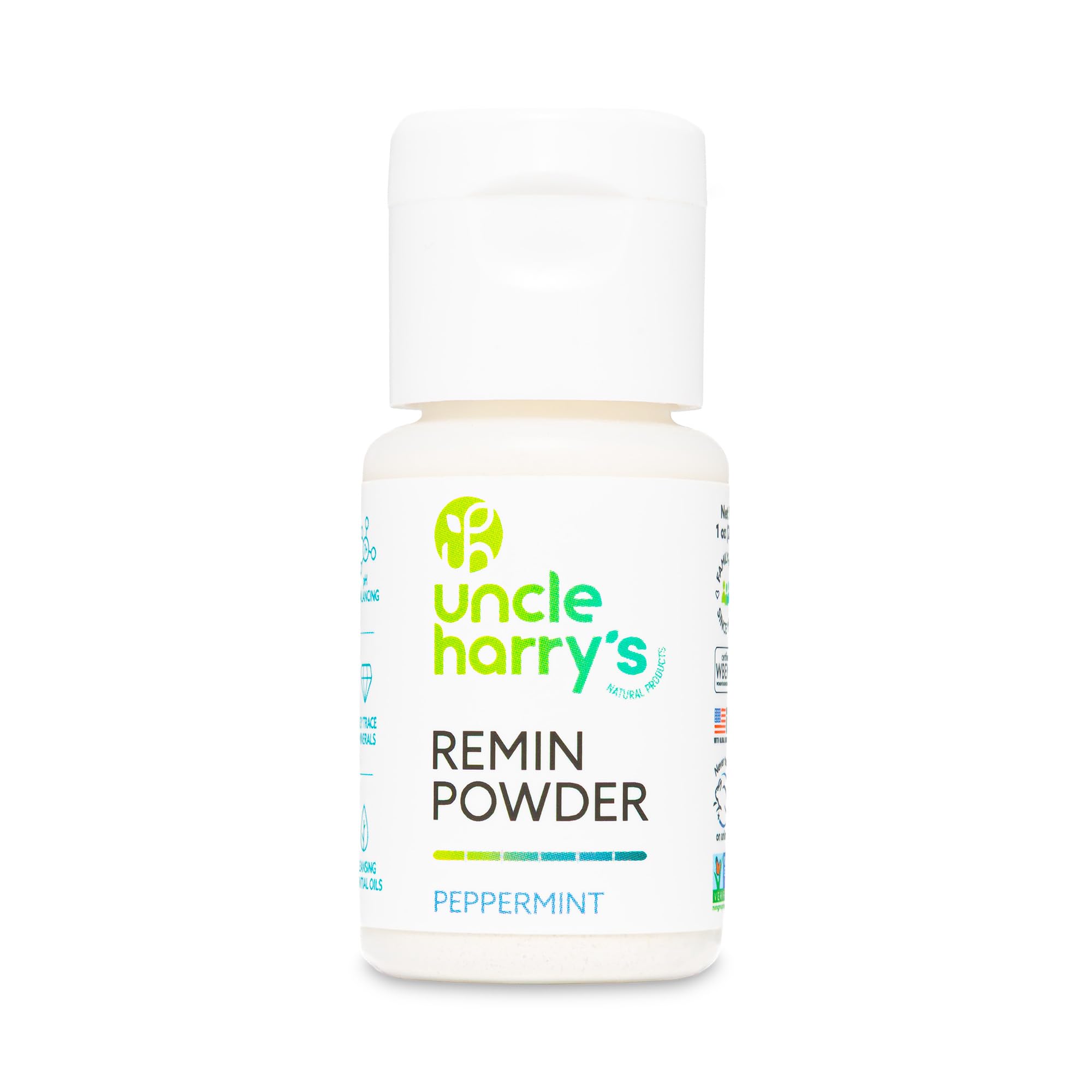 Uncle Harry’s Peppermint Remineralization Tooth Powder | Alkalizing Ionic Minerals and Pure Plant Essences | All Natural Enamel Support | Neutralizes Acids Strengthens Teeth Fluoride Free Vegan 1 oz