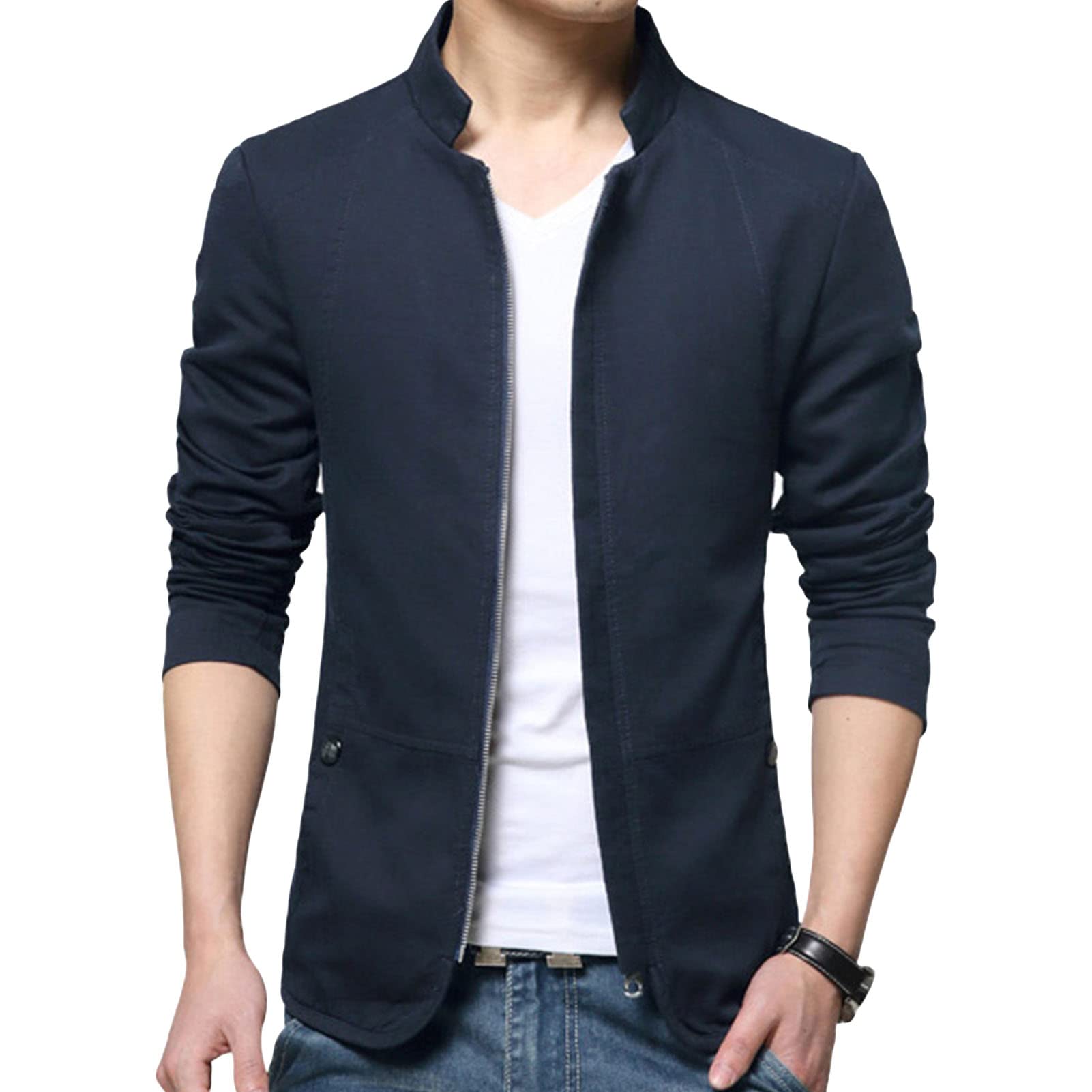 Maiyifu-GJ Men's Casual Zipper Stand Collar Jacket Lightweight Cotton Full Zip Coat Slim Fit Vintage Business Jackets (Dark Blue,Medium)