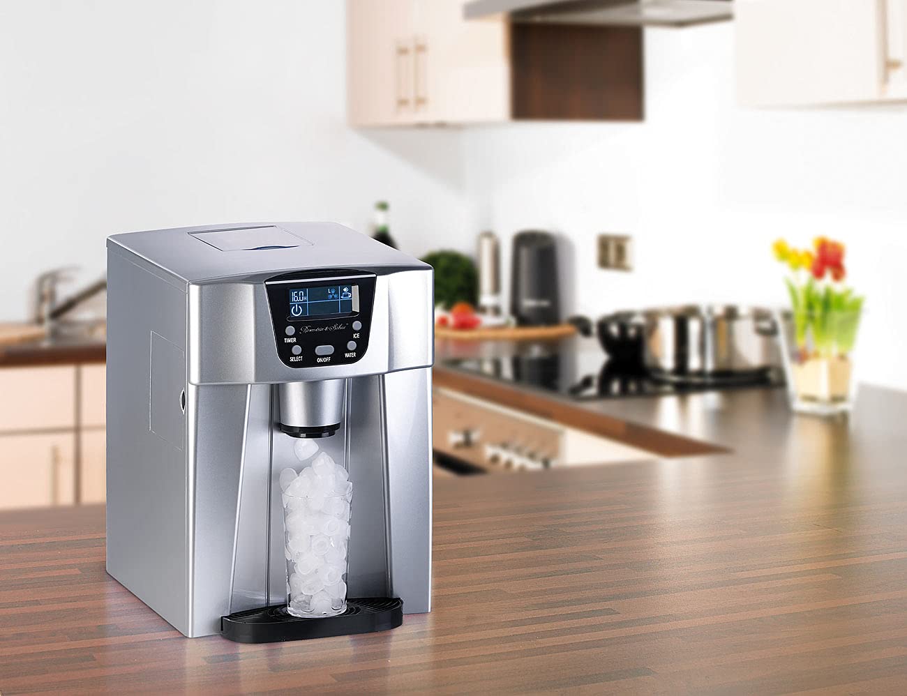 Rosenstein & Söhne Eiswuerfelmaschinen: Premium-Eiswürfelmaschine mit Eiswürfel- & Kaltwasserspender, 2 Liter (Eiswürfelmaschine eckige Würfel, eckige Eiswürfel, Ice)