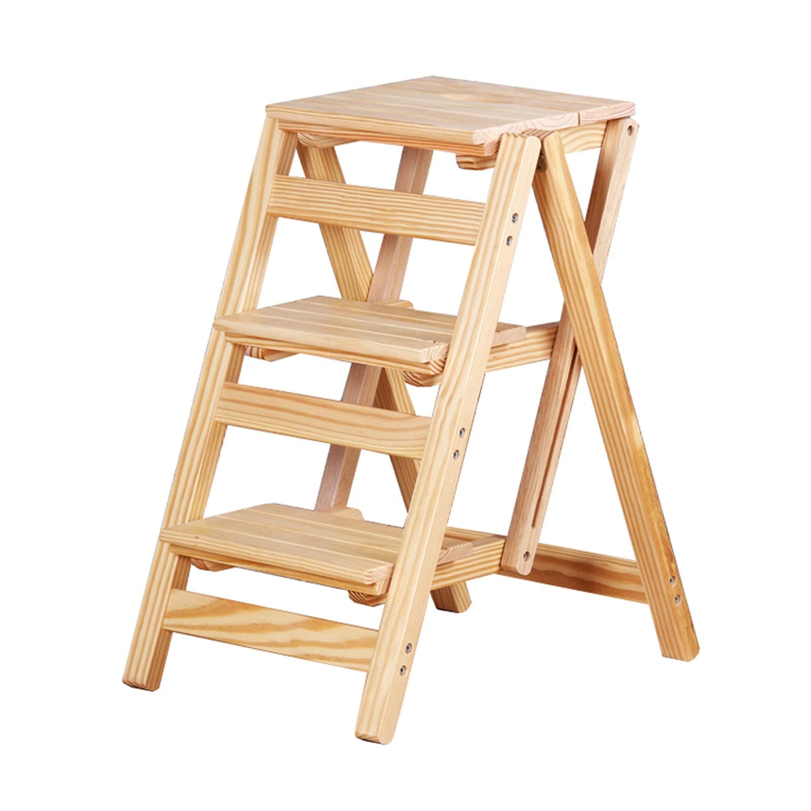 3 Gradini Sgabelli Pieghevoli in Legno Sedie per Cucina Ufficio o Studio, Portatile Scale Sgabello per Adulti & Bambini Indoor Wood Climb Stepladder, Colore Legno