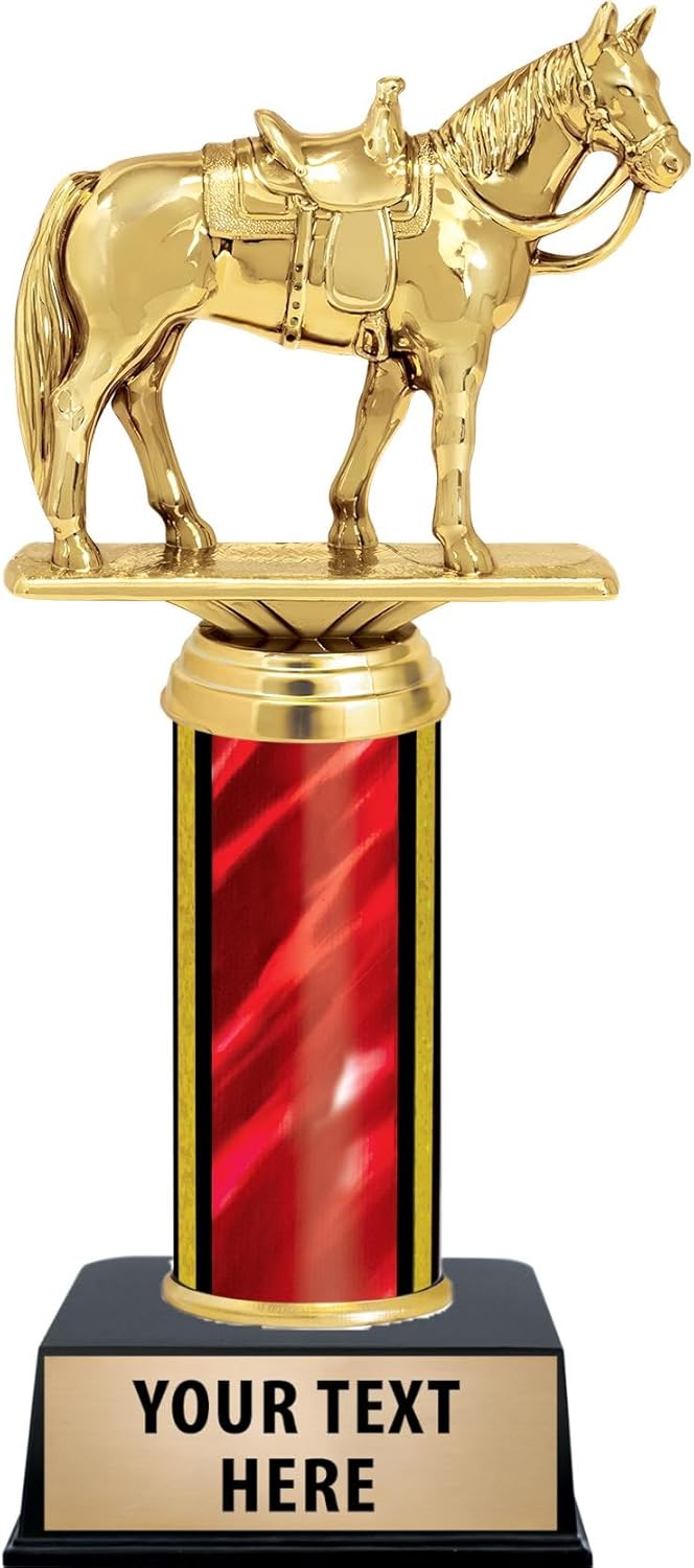 Horse with Saddle - Red Column Trophy, 11" Award - Add Your Own Engraving