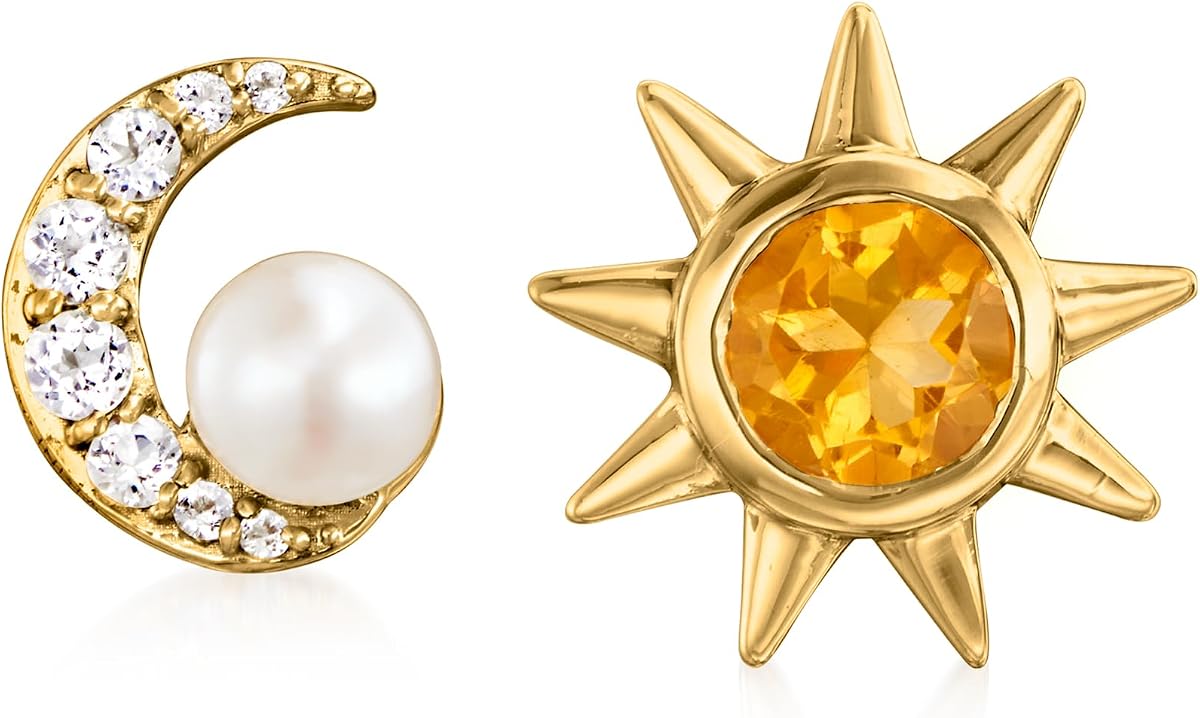 Ross-Simons 4mm Cultured Pearl and .60 ct. t.w. Multi-Gemstone Sun and Moon Mismatched Earrings in 18kt Gold Over Sterling