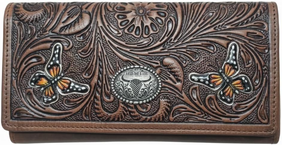 American Bison Western Floral Leather Wallet for Women Brown Clutch with Butterfly Embossed Design, RFID Blocking, 9 Card Slots, ID Window