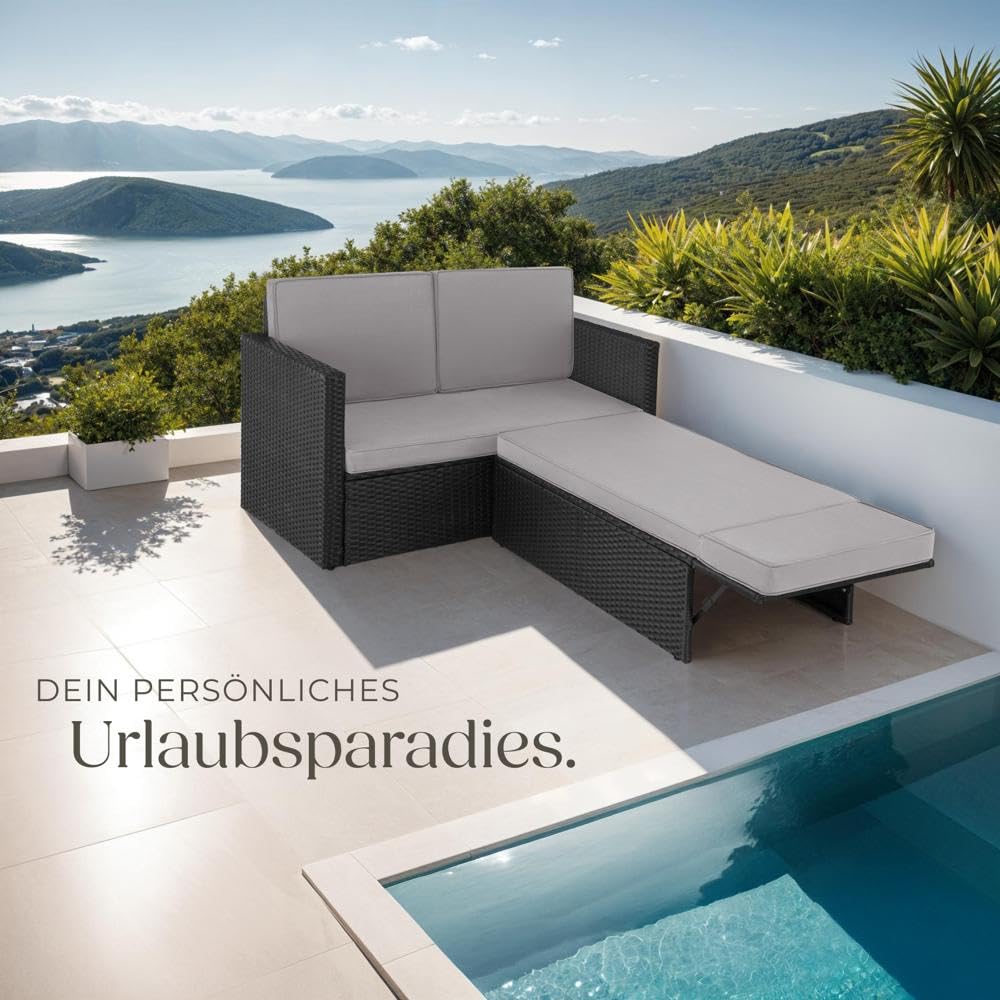 tectake® Sofa Set - 2 Sitzer Sessel mit Hocker und Schlaffunktion, kleine Rattan Couch als Outdoor Gartenmöbel, wetterfest für Lounge, Balkon und Garten, klappbar mit imprägnierten Polstern - Schwarz