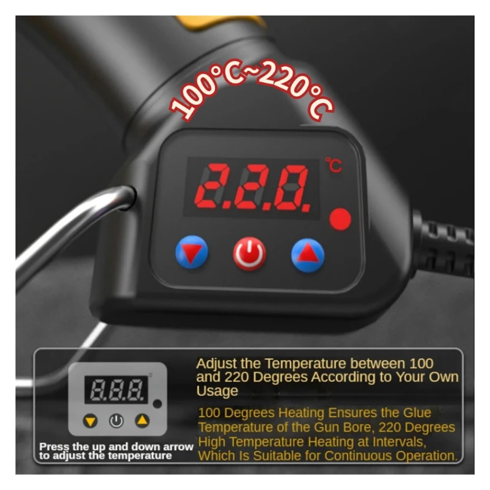 Pistola for colla a caldo da 300 W, display digitale, temperatura regolabile, ugello in rame, usa stick di 11 mm, strumento fai te for la casa, pistola for termica(Yellow,300W-Switch-Y)