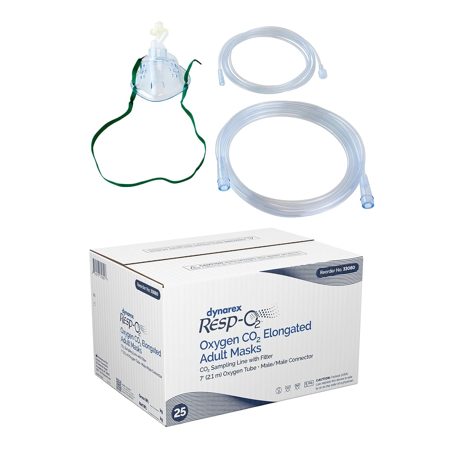 Dynarex 33080 Oxygen CO2 Elongated Mask with CO2 Sampling Line and Filter, Male/Male, Adult, 7' Tubing, Pack of 25